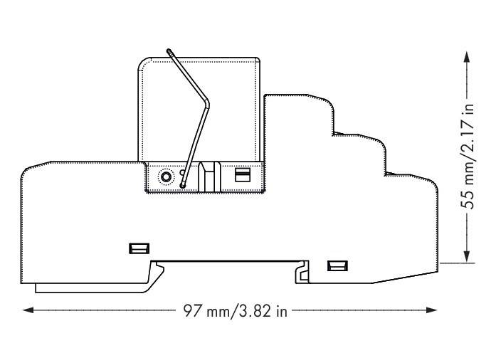 Technische Zeichnung eines Bauteils mit Abmessungen, gekennzeichnet als '97 mm/3,82 Zoll'. Die Merkmale umfassen eine detaillierte Konstruktion mit spezifischen Formen und Linien.