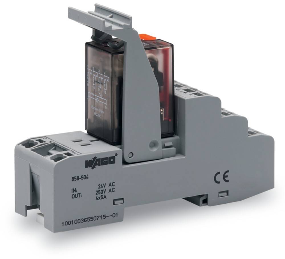 WAGO 858-504 Relaismodul, von der Seite gezeigt, mit Spannungs- und Stromspezifikationen auf der Seite markiert: 24V AC, 250V, 16A.