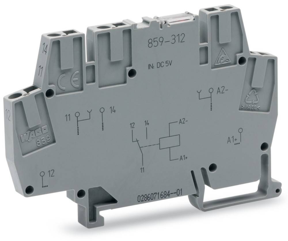 Eine DIN-Schienenmontage-elektronische Komponente, Modell '859-312'. Sie verfügt über ein Schaltplan-Diagramm, Spannungsbewertung 'DC 5V' und Zertifizierungen.
