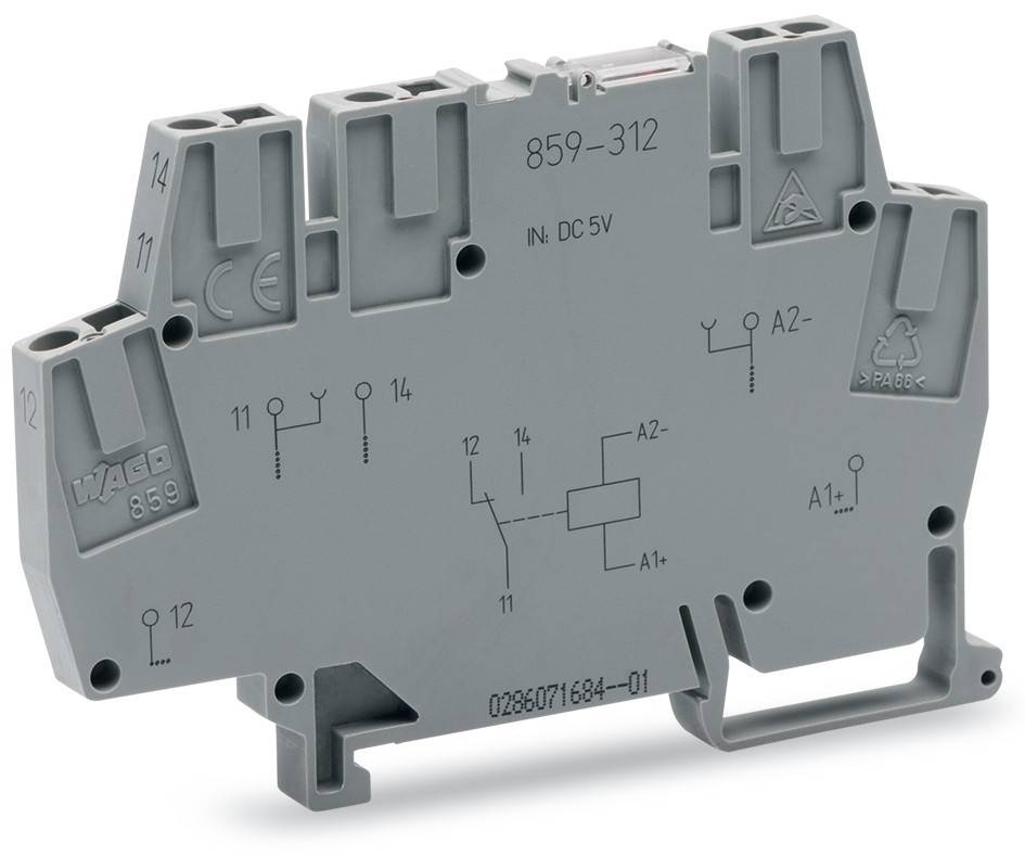 Ein grauer Relaismodul, beschriftet mit '859-312', mit Eingängen gekennzeichnet als '11' und Ausgängen gekennzeichnet als '14', bewertet mit 'DC 5V'. Piktogramm zeigt elektrische Verwendung an.