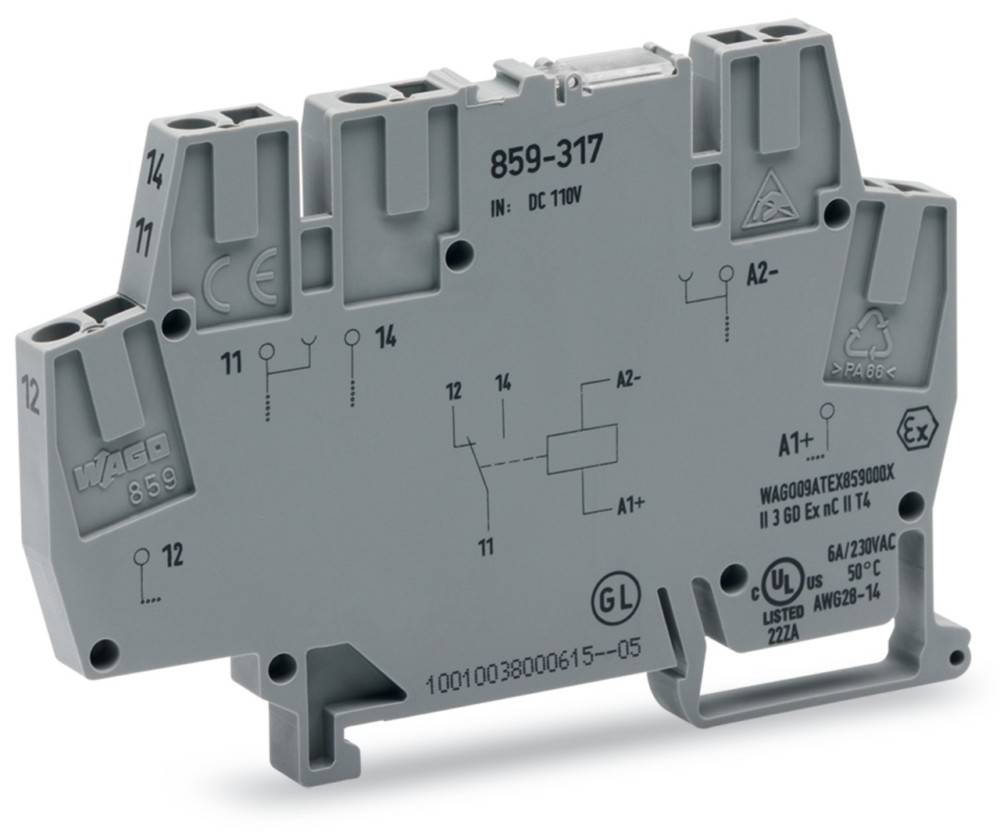 Eine graue Relaishalterung, mit '859-317' und 'DC 110V' beschriftet, weist verschiedene Anschlussnummern und Verbindungspunkte für elektrische Verdrahtung auf.