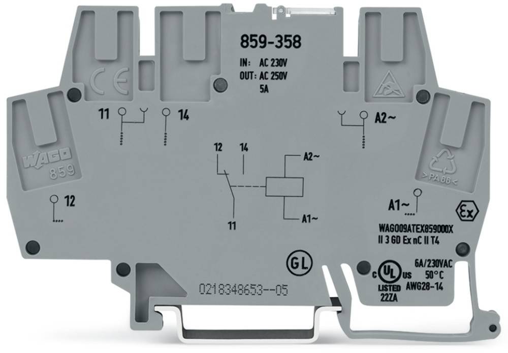 Ein grauer elektrischer Relais mit verschiedenen Anschlusspunkten, beschriftet mit Zahlen und Symbolen, die seine Spezifikationen und Zertifizierungen angeben.