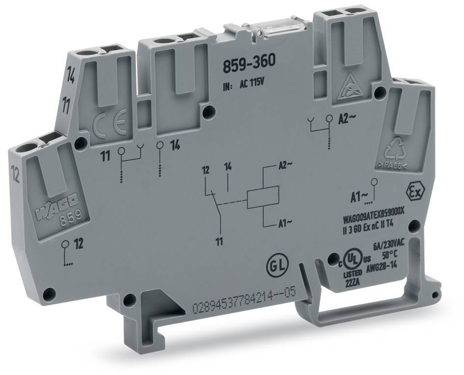 Ein grauer Elektroanschlussblock, markiert mit '859-350', beschriftet mit verschiedenen Symbolen, Spezifikationen '6A 230/40V' und einem Diagramm.
