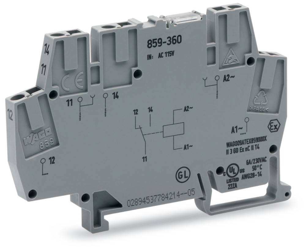 Eine graue Elektrokomponente mit beschrifteten Abschnitten und einer Diagramm, gekennzeichnet mit '859-350', 'AC 115V' und Zertifizierungssymbolen; verwendet in elektronischen Schaltkreisen.
