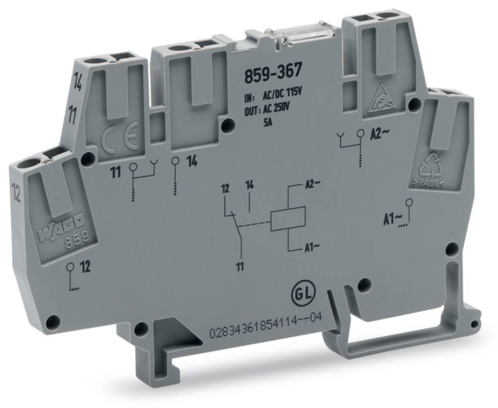 Eine graue elektrische Relaisbase, beschriftet mit '859-367', ausgelegt für AC/DC 115V, mit sichtbarem Pindiagramm und technischen Markierungen auf der Oberfläche.