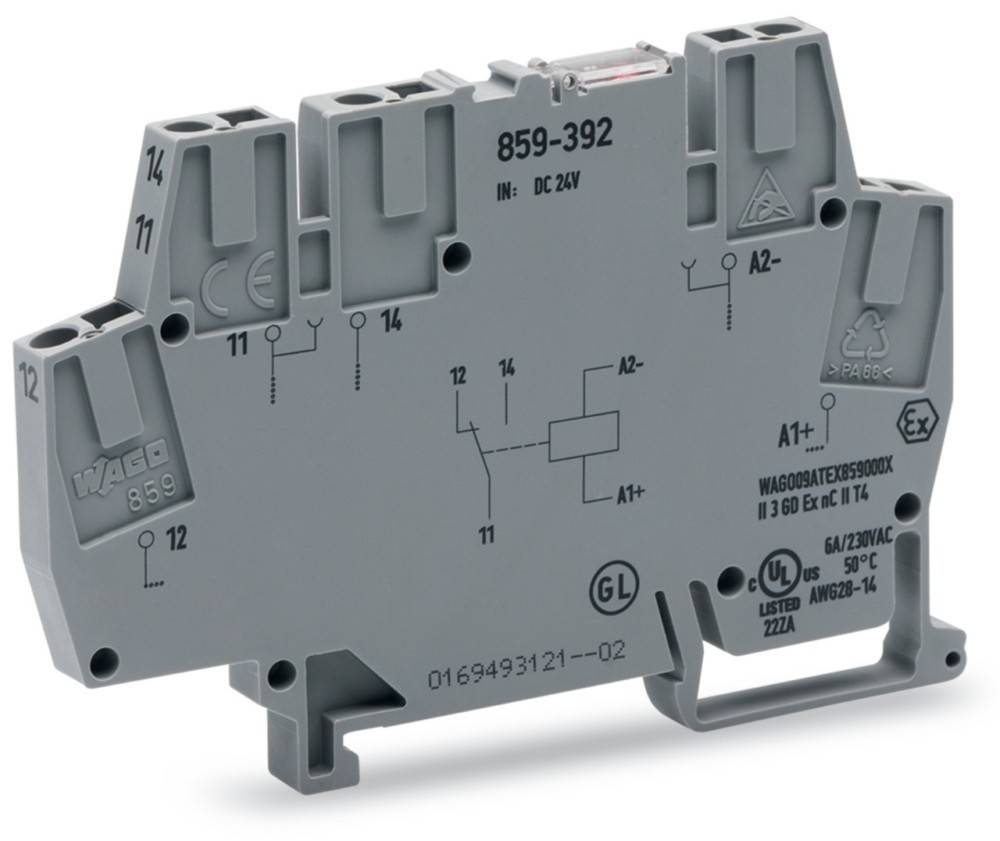 Grauer Wago-Klemmenblock, Modell 859-392, gekennzeichnet mit 'DC 24V', mit Anschlüssen an den auf dem Block beschrifteten Punkten für elektrische Systeme.