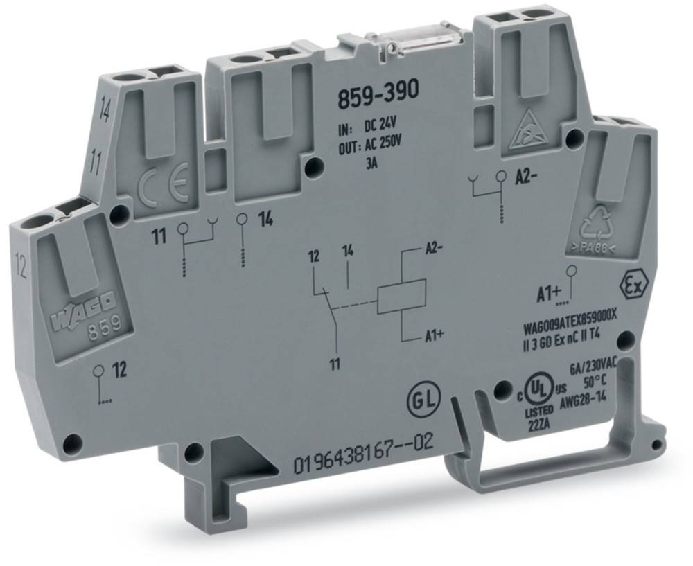 Eine graue elektrische Komponente mit technischen Spezifikationen, die darauf gedruckt sind, einschließlich Spannungs- und Stromratings, Modellnummer '859-390' und verschiedener Symbole.