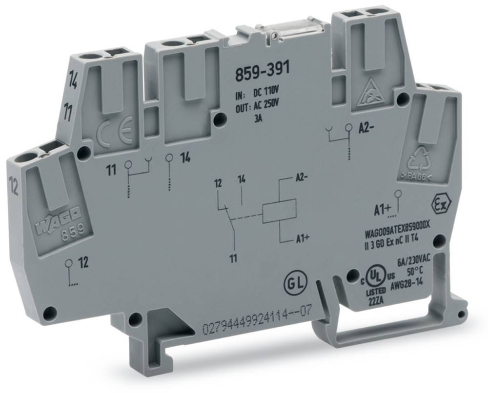 Eine Nahaufnahme eines industriellen Relaismoduls, die technische Spezifikationen und Anschlussklemmen zeigt. Es verfügt über Sicherheits- und Konformitätskennzeichnungen.