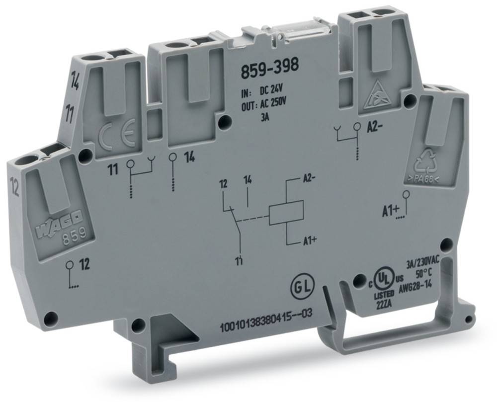 Elektrisches Relaismodul mit Beschriftungen für Eingänge, Ausgänge, Spannungsdetails und Anschlüssen A1, A2. Zeigt Verbindungen und Spezifikationen.
