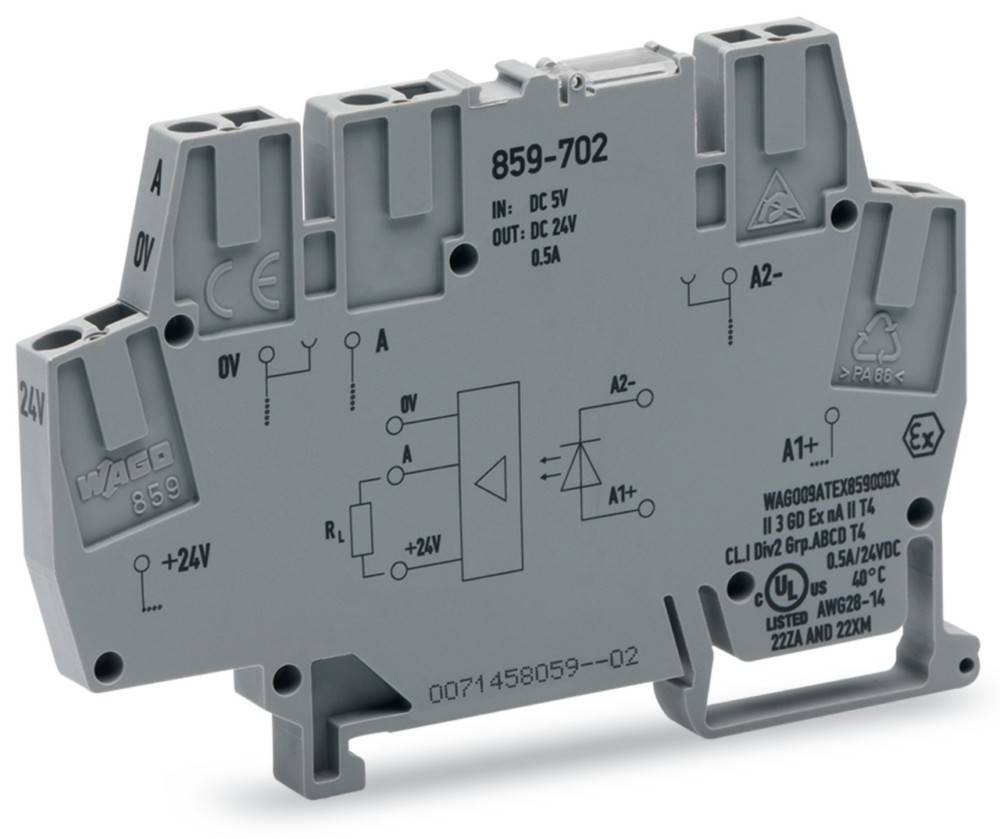 Grauer Relaisschnittstelle, Modell 859-702, mit Spezifikationen und Zertifizierungen auf der Oberfläche gedruckt. Eingang: DC 5V, Ausgang: DC 2,5V.