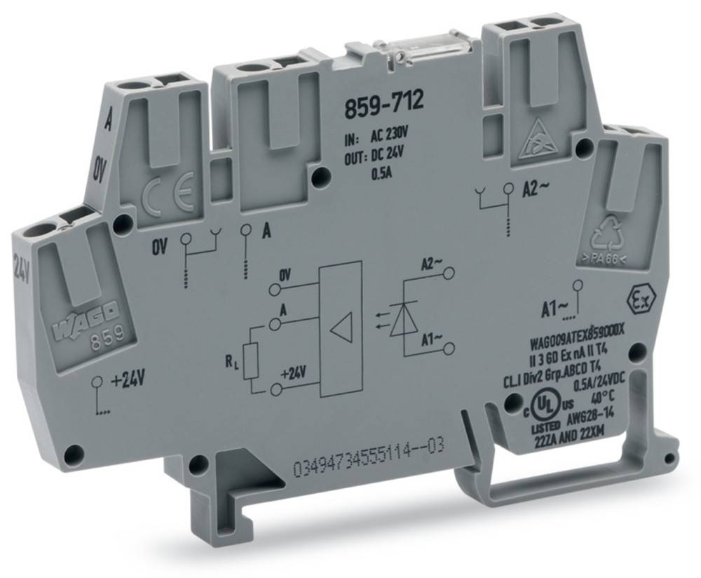 WAGO 859-712 Relaismodul, gekennzeichnet mit 'AC 230V, OUT: DC 0,5A'. Enthält verschiedene elektrische Symbole und Zertifizierungen zur Verwendung.
