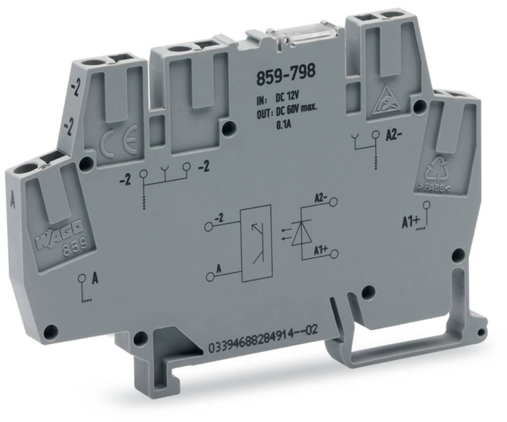 Eine graue, blockförmige elektronische Komponente mit der Bezeichnung '859-798', versehen mit elektrischen Schaltkreissymbolen, DC 12V Eingabe und 0,6A Ausgabe.