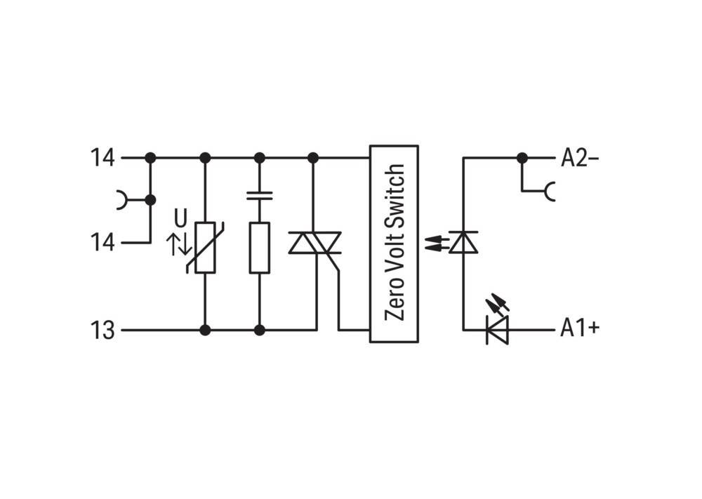 Schaltplan für 'Zero Volt Switch' mit Komponenten einschließlich Widerständen, Dioden und beschrifteten Anschlüssen A1+, A2-, 3 und 4.