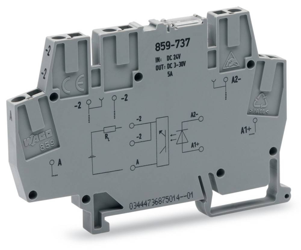 Elektrische Komponente mit Schaltplan und Modellnummer '859-737', ausgelegt für 24V DC Eingangsspannung und 3-30V DC Ausgangsspannung, 5A Stromstärke.