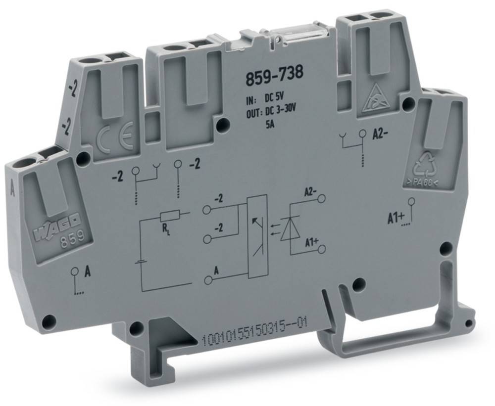 859-738 Relaismodul' mit Eingabe-/Ausgangsspannung, Strom-Spezifikationen und Schaltkreisdiagramm, auf einem grauen Gehäuse gedruckt.