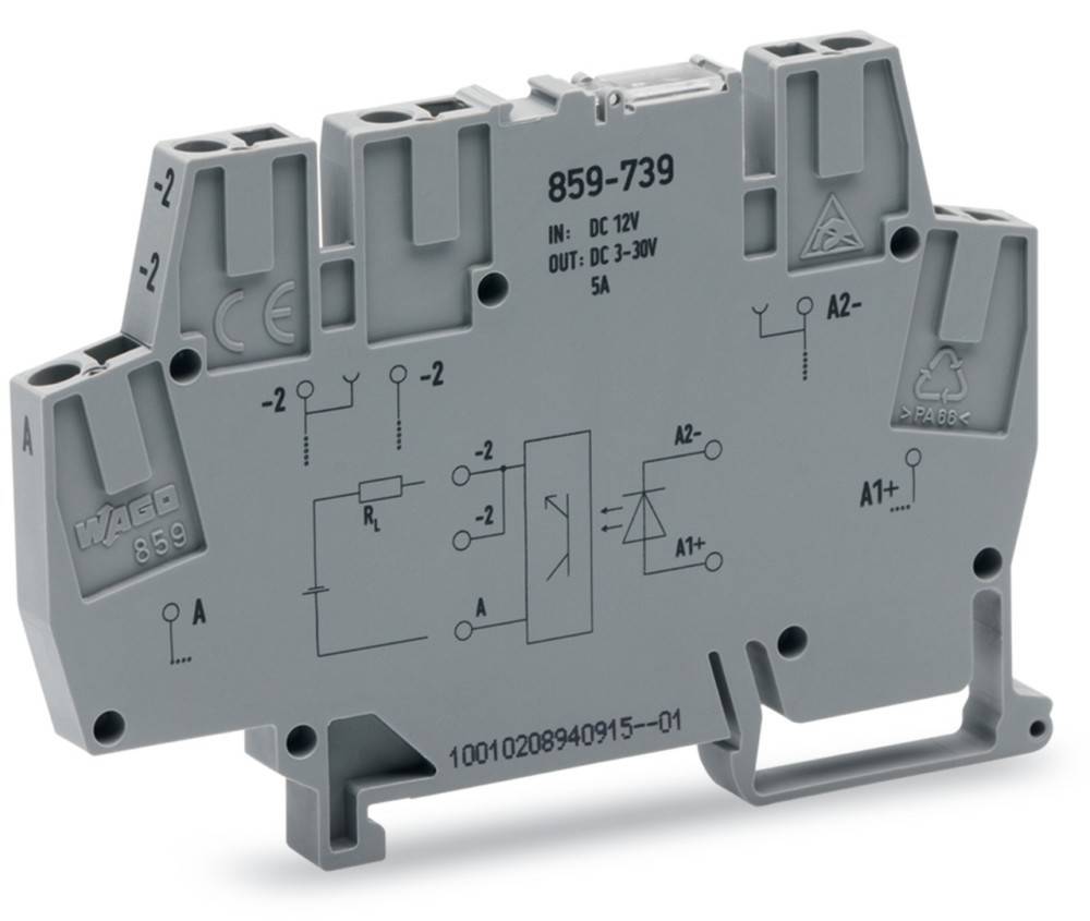 Ein grauer elektrischer Relais mit Schaltkreissymbolen, beschriftet mit '859-739', ausgelegt für 'DC 12V', 'DC 3-30V 5A', verwendet zur Steuerung elektrischer Schaltkreise.