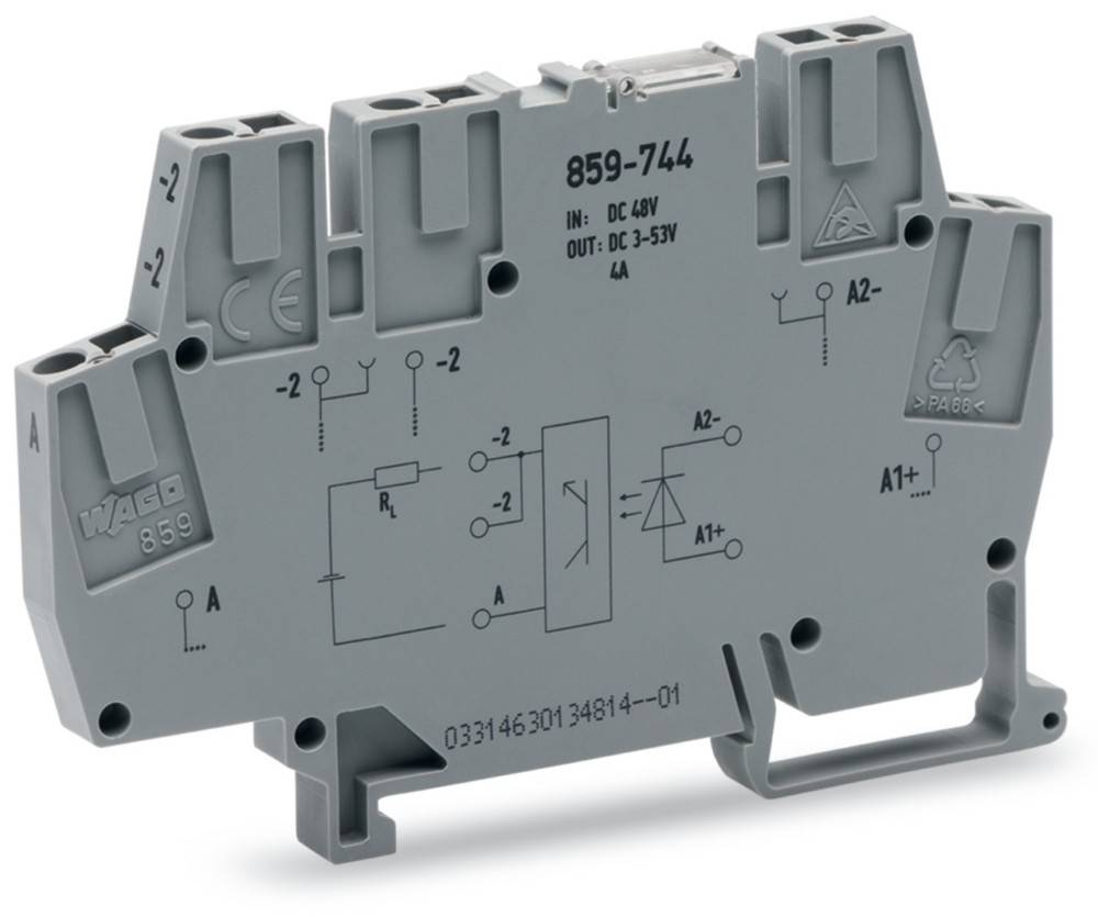 Ein grauer industrieller Klemmblock wird gezeigt mit technischen Diagrammen und Spezifikationen, die auf seiner Oberfläche gedruckt sind, einschließlich der Bezeichnung '859-744'.