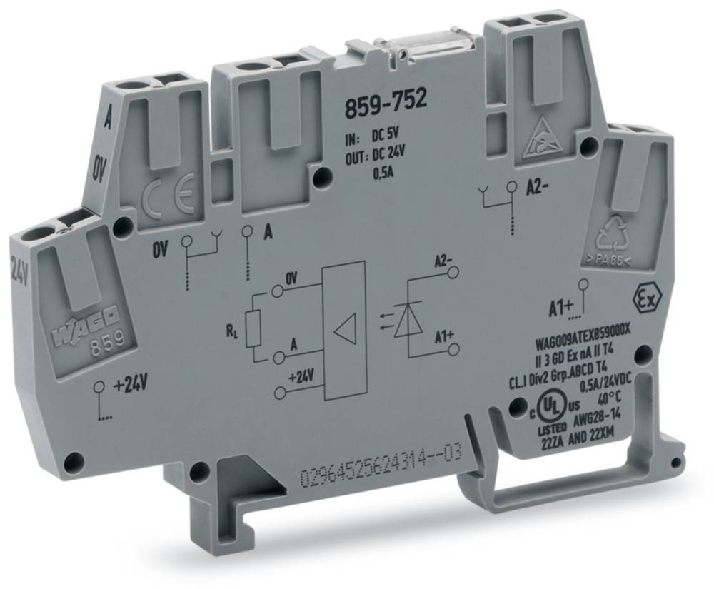 Ein grauer Wago-Elektronikkomponentenmodul mit der Bezeichnung '859-752', mit Spannungsspezifikationen 'IN: DC 5V', 'OUT: DC 24V', geeignet für Steuerungssysteme.