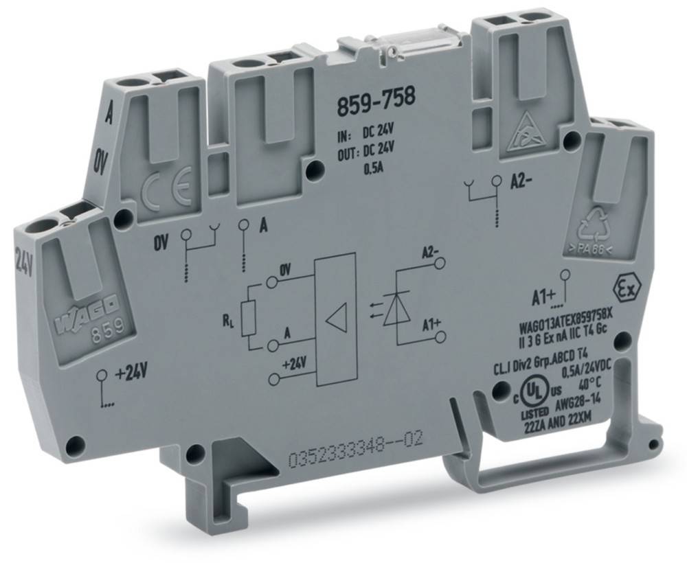 Eine graue elektronische Komponente mit Anschlussklemmen, beschriftet mit 'A+1', '0V' und gekennzeichnet mit den Spezifikationen 'DC 24V', 'OUT: DC 24V, 0,5A'.