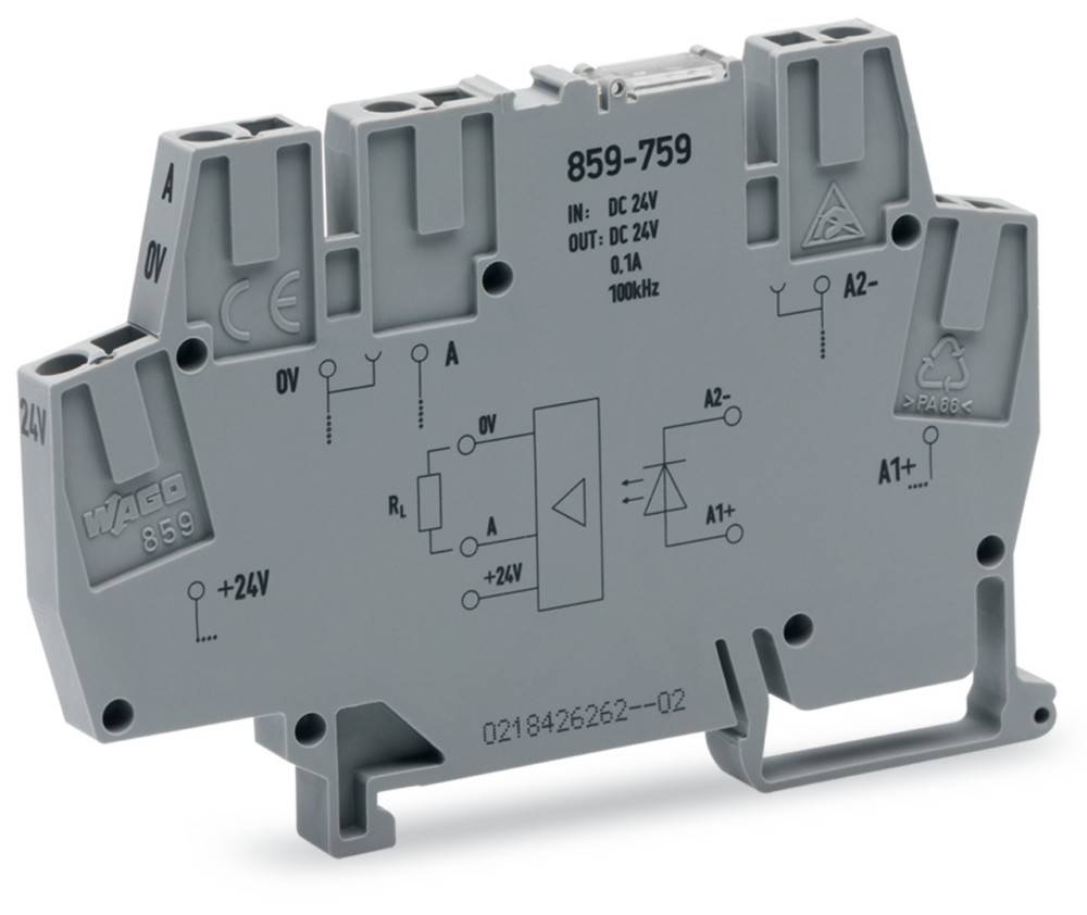 Graues elektrisches Relaismodul mit Modellnummer 859-759, das Verbindungsdiagramme, Spannungsbezeichnungen (DC 24V) und das Symbol für die Relaisspule zeigt.