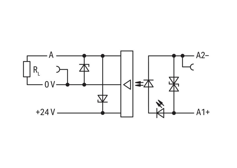 Diagramm eines Optokoppler-Schaltkreises mit Eingangssseite beschriftet als A, RL, +24V und Ausgangssseite beschriftet als A', A3, mit Darstellung von Diodensymbolen.