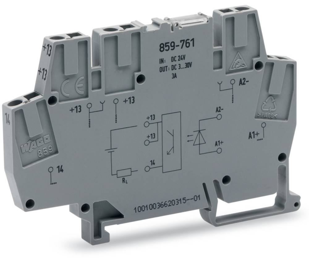 Elektronisches Relais mit Schaltplan und Spezifikationen, einschließlich Modellnummer 859-761, Eingang 24V DC und 3A Ausgang.