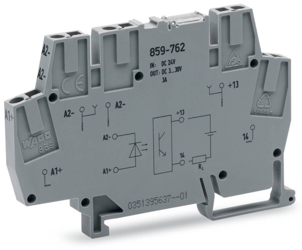 Grauer elektronischer Relais mit Anschlüssen, Modell 859-762, unterstützt DC 24V Eingang, 3A Stromstärke. Enthält Schaltplan und CE-Kennzeichnung.