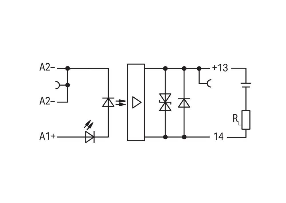 Schematische Darstellung eines Relais mit Dioden und einem Widerstand. Es zeigt Verbindungen mit den Punkten A1, A2, +13 und RL und veranschaulicht die Stromwege.