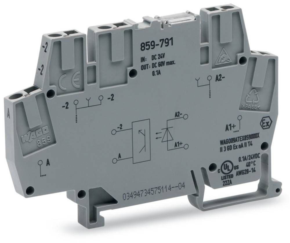 Das Bild zeigt eine graue elektronische Komponente mit Beschriftungen, die Ein-/Ausgabeanschlüsse, Spannung (DC 24V) und Herstellerdetails angeben.