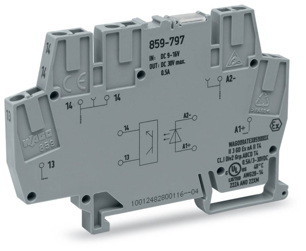 Ein WAGO 859-797 Relaismodul mit Eingabe-/Ausgabespezifikationen, Schaltungssymbolen und Sicherheitszertifizierungssymbolen, die auf dem grauen Gehäuse gedruckt sind.