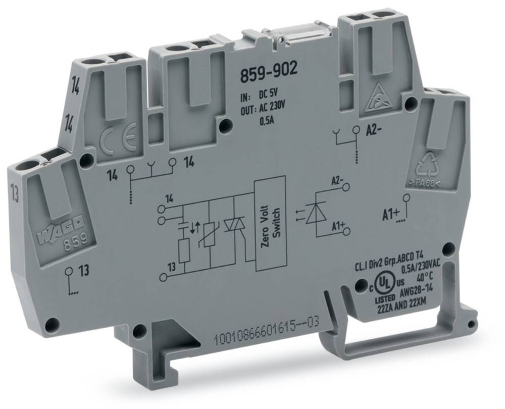 Das Bild zeigt eine elektrische Relaisschalterkomponente mit Schematischen Symbolen und Spezifikationen, gekennzeichnet mit '859-902', die AC 230V/0,5A und DC 5V anzeigt, für industrielle Anwendungen.