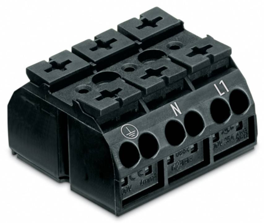 Ein schwarzer Terminalblock mit beschrifteten Anschlüssen für Schutzleiter, Neutral und Phase (L1).