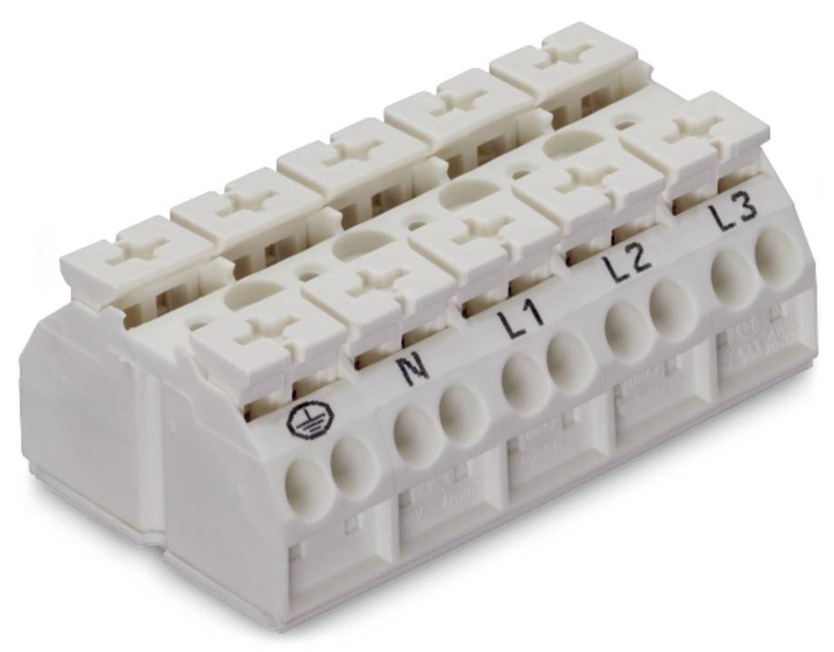 Weiße elektrische Klemmleiste, beschriftet mit 'N' für Neutralleiter und 'L1', 'L2', 'L3' für Dreiphasen-Leitungsanschlüsse mit Erdungssymbol.