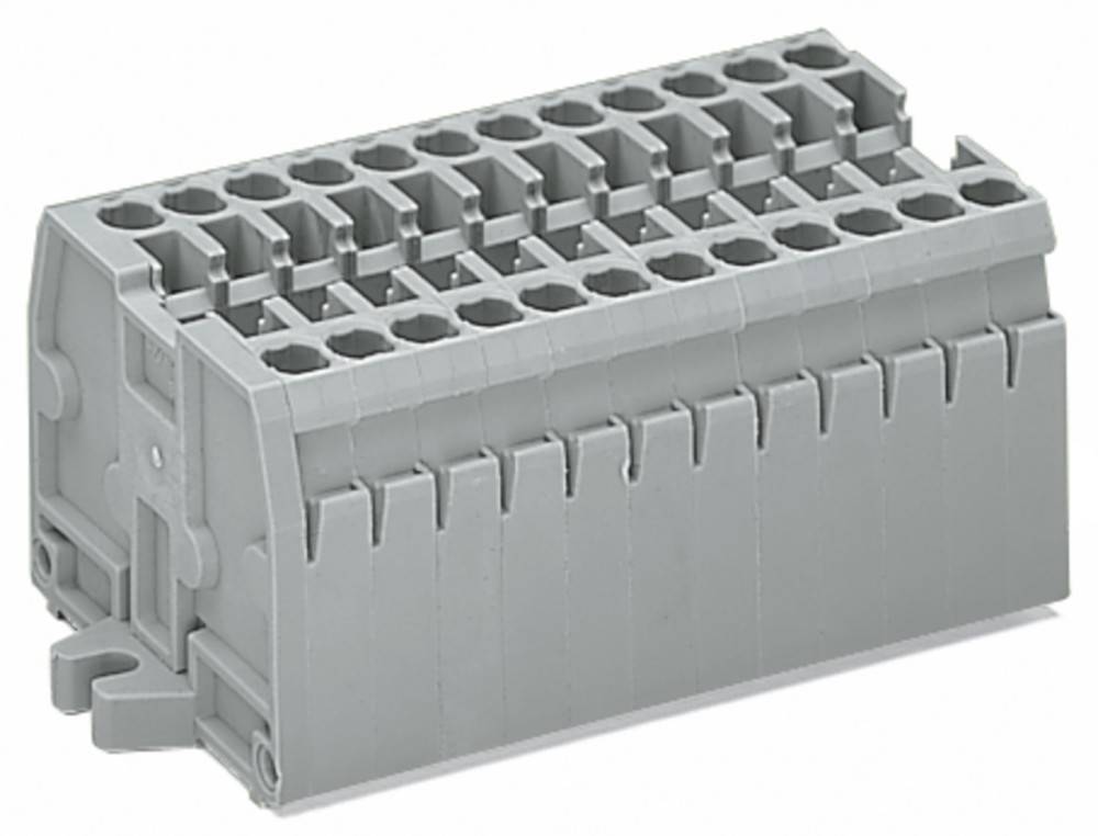 Ein grauer Anschlussblock mit mehreren Verbindungspunkten, der für elektrische Verdrahtung und Schaltkreisverbindungen in industriellen Umgebungen verwendet wird.