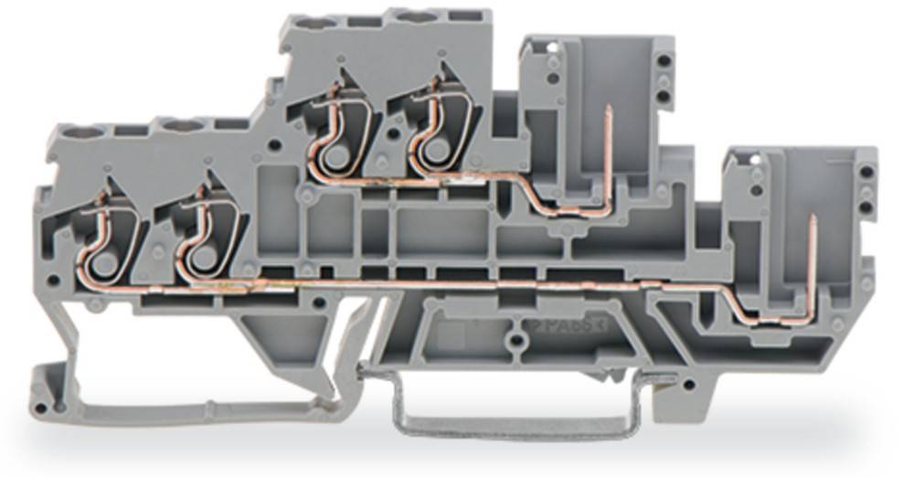 Ein Nahaufnahme-Bild eines grauen und kupferfarbenen elektrischen Anschlussklemmenblocks, der Innenverdrahtung und Verbindungspunkte zeigt.