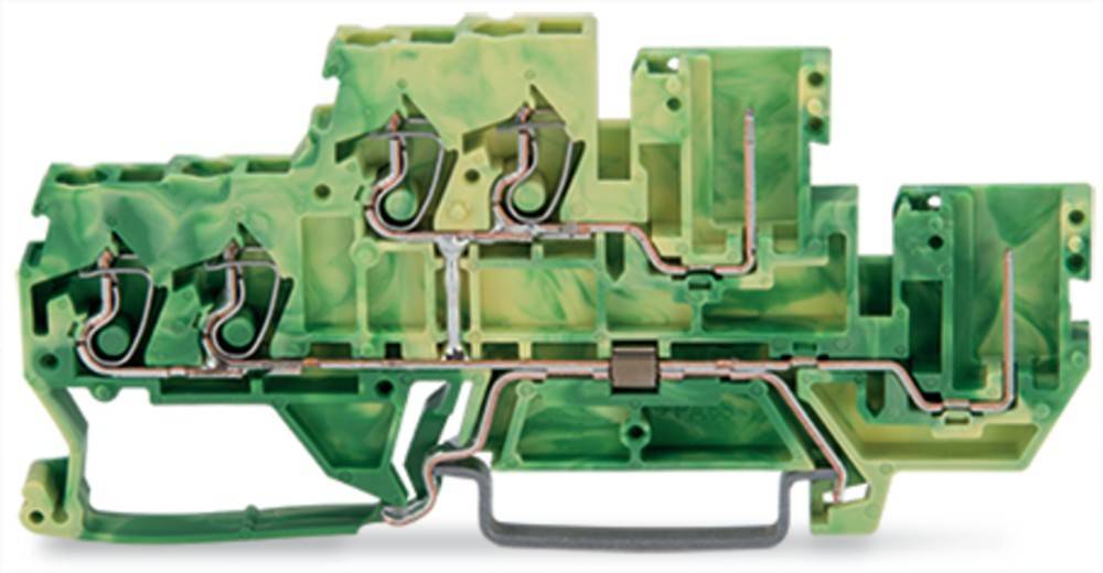Ein grün und gelb marmorierter, Kunststoff-Elektroklemmenblock mit sichtbaren Metallverbindungen, der zum Organisieren von Kabeln in elektrischen Systemen verwendet wird.