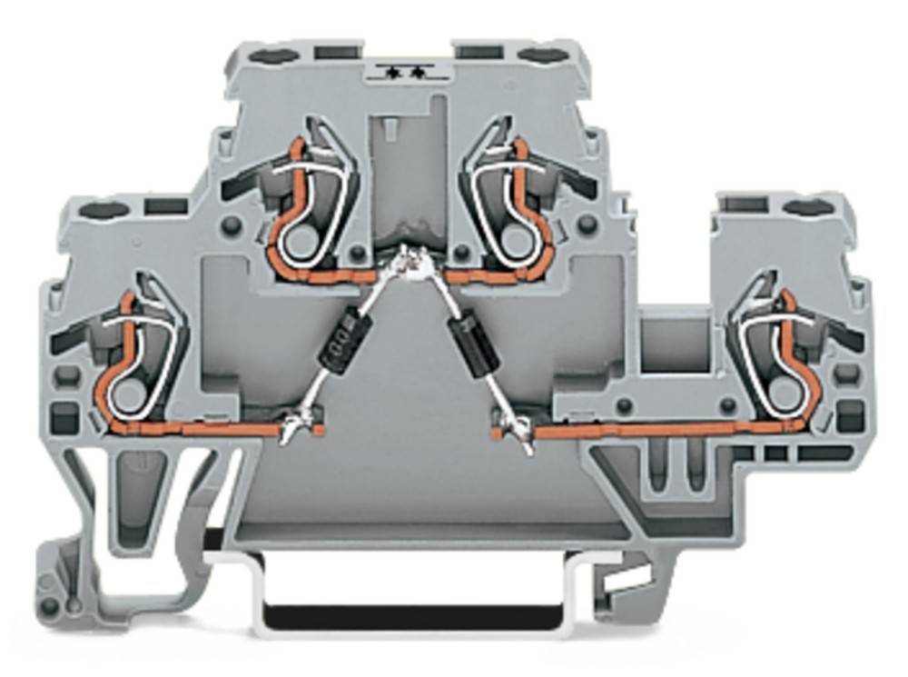Ein grauer elektrischer Anschlussklemmenblock mit sichtbarer Innenverdrahtung und Komponenten, der zum sicheren Verbinden von Drähten in elektrischen Schaltkreisen verwendet wird.