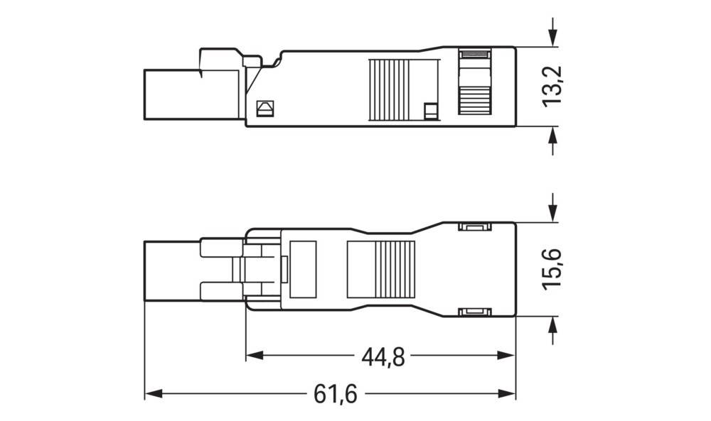 Anschlussabmessungen: Länge 61,6 mm, Breite 15,6 mm, Höhe 13,2 mm.