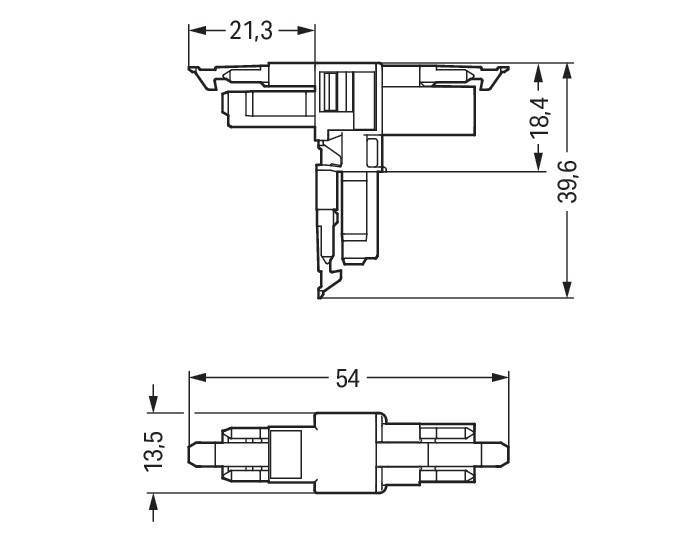 Technische Zeichnung eines Querschnitts mit Maßangaben: Draufsicht zeigt eine Breite von 54 mm, Seitenansicht gibt Abmessungen von 21,3 mm, 18,4 mm, 13,5 mm und 39,6 mm an.