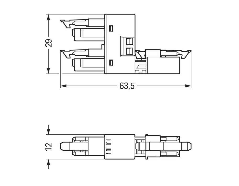 Technische Zeichnung eines elektrischen Anschlusses. Draufsicht: 63,5 mm Länge, 29 mm Höhe. Seitenansicht: 12 mm Breite.