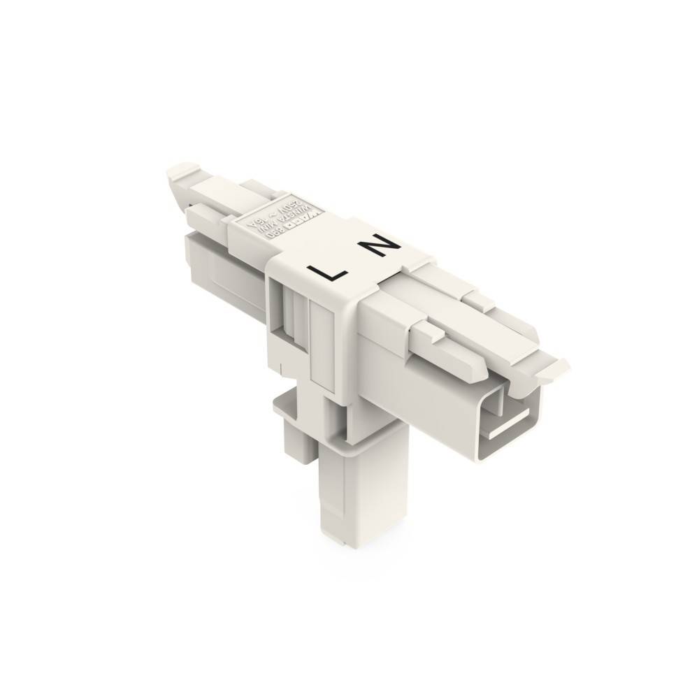 Ein weißer elektrischer Stecker mit 'L'- und 'N'-Beschriftungen, der für Verdrahtungszwecke verwendet wird und Strom- und Neutralleiteranschlüsse kennzeichnet.
