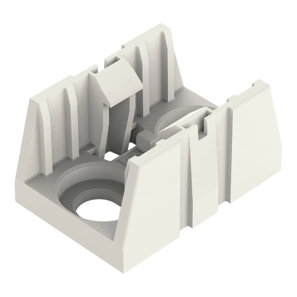 3D-Rendering eines weißen Kunststoff-Montageclips oder einer Halterung mit einem kreisförmigen Schraubenloch und einem federähnlichen Verriegelungsmechanismus im Inneren, dargestellt isoliert auf weißem Hintergrund.
