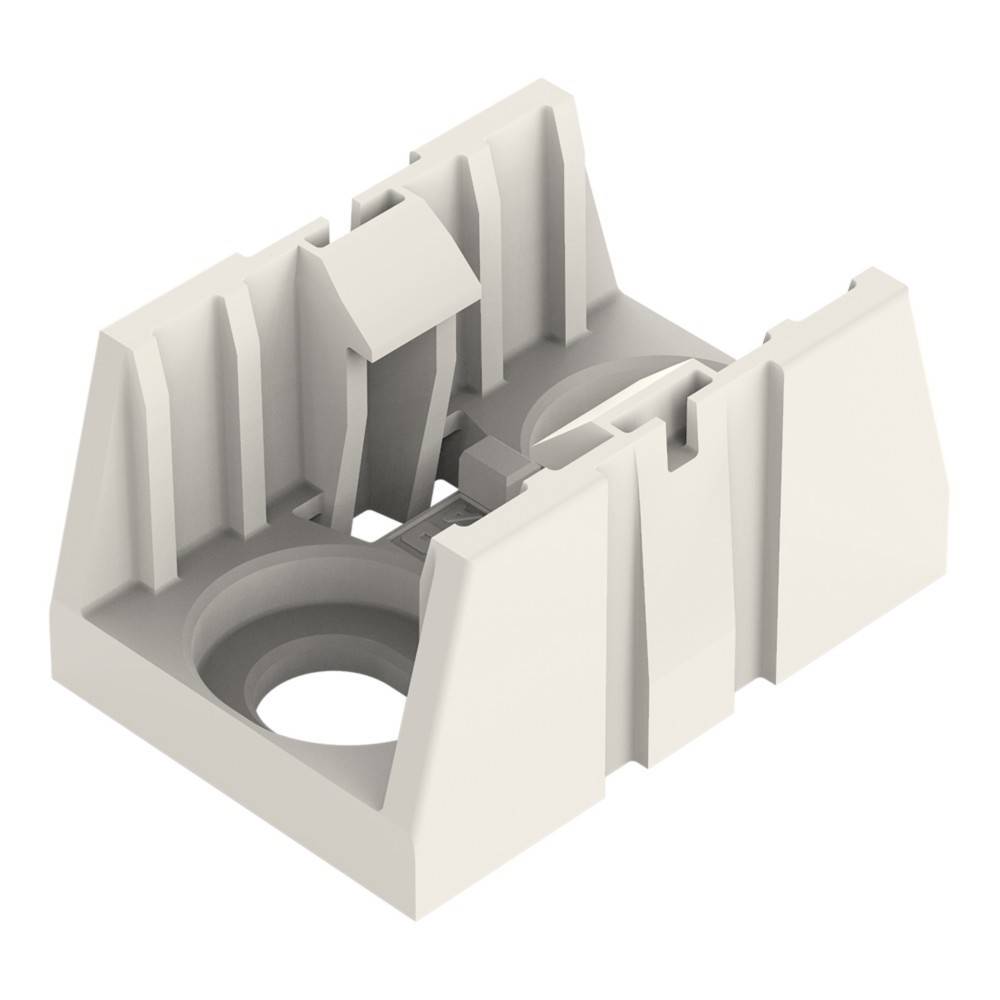 Eine weiße Kunststoffklemme oder -halterung mit rechteckiger Grundfläche und hochkant gerillten Seiten, die kreisförmige und rechteckige Aussparungen zur Befestigung aufweist.