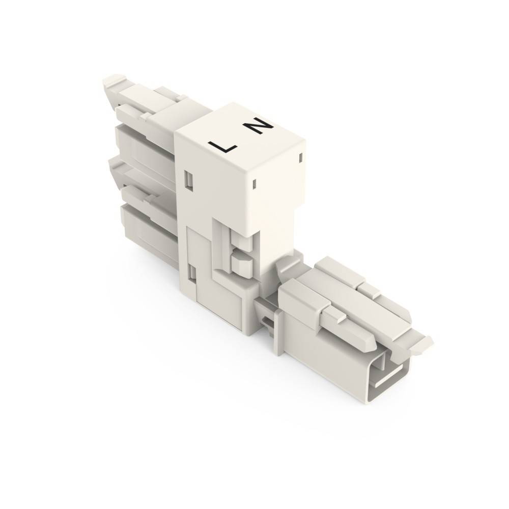 Weißer elektrischer Anschluss mit 'L'- und 'N'-Beschriftungen, verwendet für Kabelverbindungen in elektrischen Systemen.