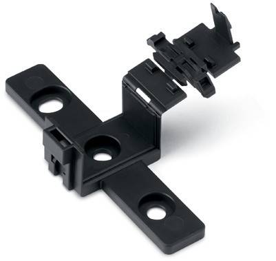 Eine schwarze Plastikscharniere mit mehreren Schraubenbohrungen und einem beweglichen oberen Abschnitt, konzipiert für Schrank- oder Türmontage, auf einer weißen Oberfläche ruhend.