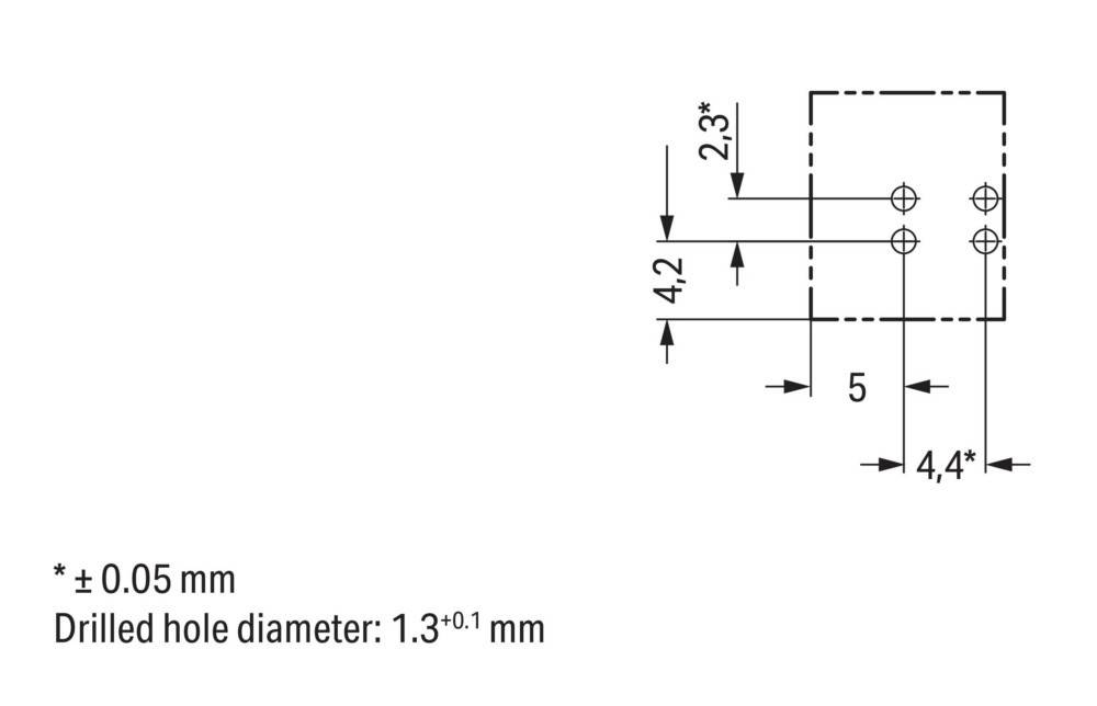 Technische Zeichnung einer Komponente mit einer vertikalen Abmessung von 4,2 mm, einer horizontalen Abmessung von 5 mm, einem kleinen Abschnitt von 2,3 mm nach oben und einem Lochdurchmesser von 1,3 mm.