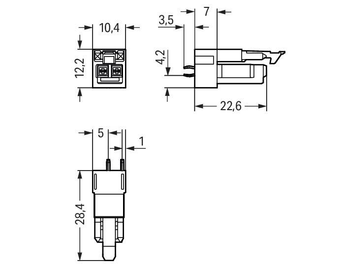 Technische Zeichnung einer elektronischen Komponente mit Abmessungen. Frontansicht: 10,4 x 12,2 mm; Seitenansicht: 22,6 mm breit, 3,5 mm dick; Höhe 28,4 mm.