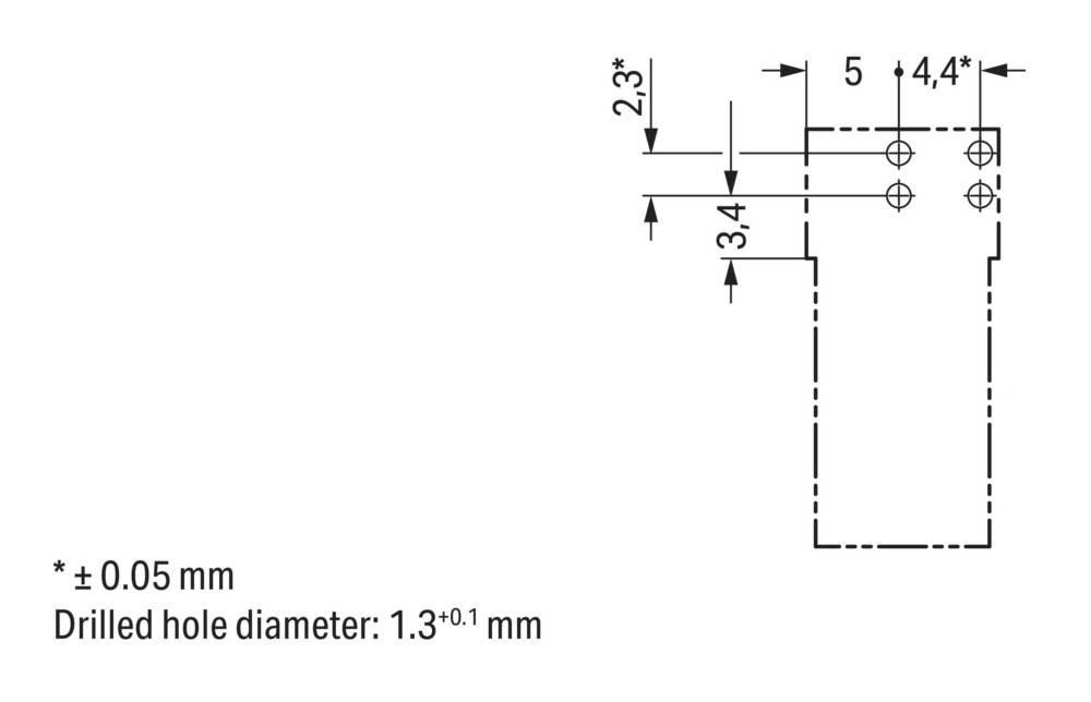 Eine technische Zeichnung zeigt Maße eines Bauteils mit folgenden Notationen: Durchmesser 1,3 ± 0,1 mm, vertikaler Abstand 2,3 mm und 3,4 mm.