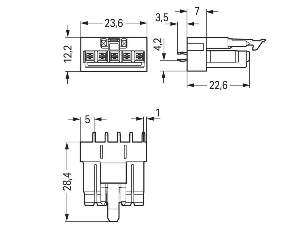 Technische Zeichnung eines rechteckigen elektrischen Verbinders mit beschrifteten Abmessungen: Breite 23,6 mm, Höhe 28,4 mm, Tiefe 22,6 mm.