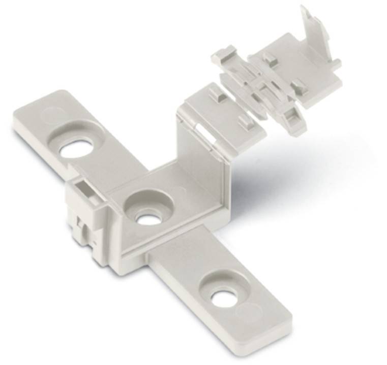 Eine graue Kunststoff-Scharnierkomponente wird gezeigt, die zwei flache Basen mit Befestigungslöchern und einen zentralen Faltmechanismus aufweist.